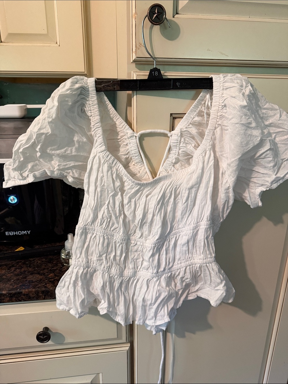 Free People White Smocked Peplum Blouse with Tie Back